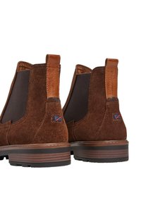 Botas de tobillo de ante marrón con paneles laterales elásticos, lengüetas de piel en el talón y suela de goma texturizada, que presentan un pequeño logo de color en el talón.