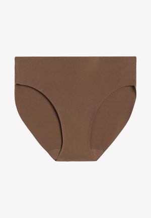 Brązowe majtki o średniej wysokości z gładką teksturą, charakteryzujące się bezszwowym wykonaniem i zaokrąglonym krojem nogawek dla wygody i dopasowania.