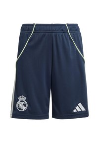 Marina sportshorts tillverkade av ventilerande tyg, med ljusgröna detaljer, Real Madrid-logotyp och tre diagonala ränder i vitt.