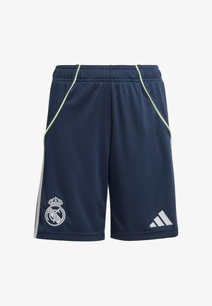 Námornícke športové šortky vyrobené z priedušného materiálu, so svetlozelenými doplnkami, logom Real Madrid a tromi bielymi diagonálnymi pruhmi.