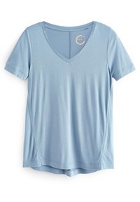 Lichtblauw shirt met korte mouwen en V-hals, met een soepele textuur, afgeronde zoom en zijnaaddetails. Gemaakt van zachte, rekbare stof.
