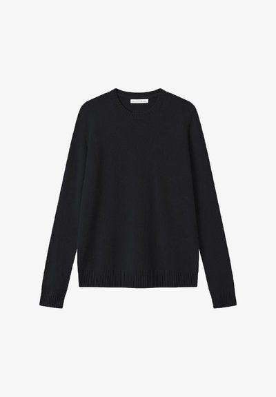 Črn pleten pulover z dolgimi rokavi, okroglo izrezano ovratnik in rebrastimi robovi. Mehka tekstura, brez vidnih vzorcev ali dodatne opreme.