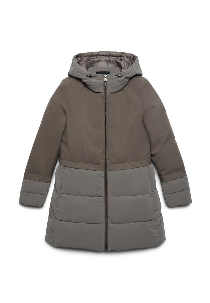 Lungo cappotto imbottito con chiusura a zip, design bicolore in verde oliva e grigio, dotato di cappuccio e texture gonfiata sulla parte inferiore.