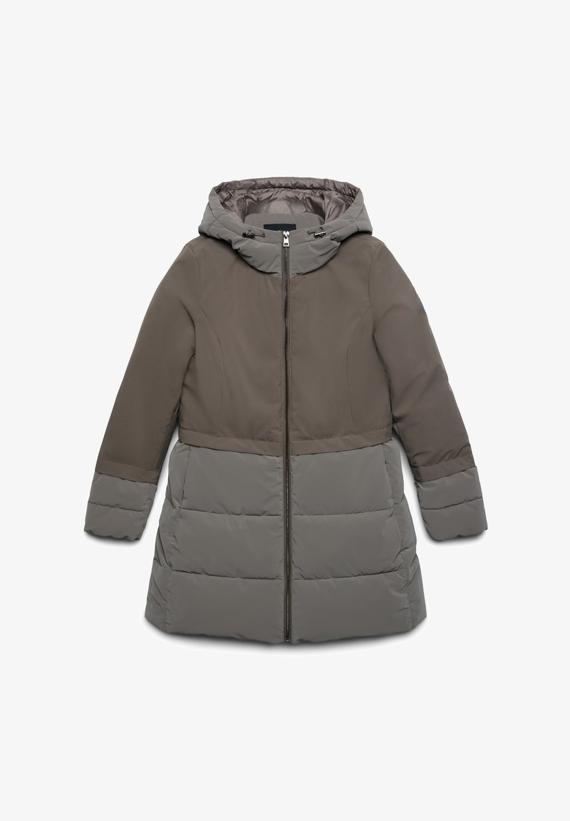 Lungo cappotto imbottito con chiusura a zip, design bicolore in verde oliva e grigio, dotato di cappuccio e texture gonfiata sulla parte inferiore.