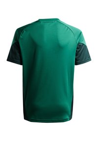 Grünes sportliches T-Shirt mit kurzen Ärmeln, das eine einfarbige Vorderseite und schwarze Seitenpaneele aufweist, gefertigt aus leichtem, feuchtigkeitsableitendem Material.