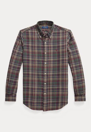 Red, green, and yellow plaid button-down shirt with a collar, long sleeves, front button closure, and embroidered logo on the chest.
