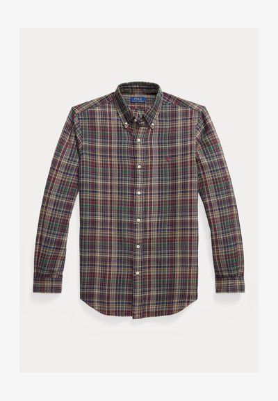 Rød, grønn og gul rutete skjorte med krage, lange ermer, frontlukking med knapper og brodert logo på brystet.