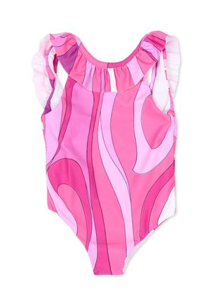 Maillot de bain une pièce rose avec des motifs ondulés abstraits dans différentes nuances de rose et de violet, et des bretelles à volants.