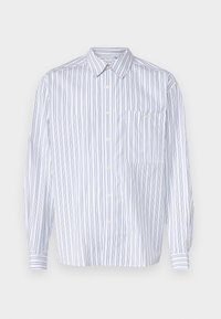 Weißes Button-down-Hemd mit vertikalen marineblauen Streifen, langen Ärmeln, einer Brusttasche und einem klassischen Kragen. Glattes Material mit einem lockeren Schnitt.