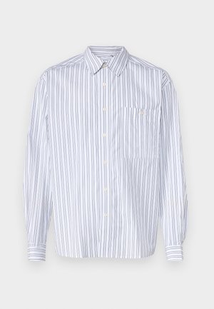 Vit skjorta med vertikala marinblå ränder, långa ärmar, en bröstficka och klassisk krage. Slätt tyg med en avslappnad passform.