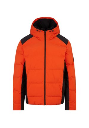 Orange puffer jacket with a black accent on shoulders, zip closure, and a hood. Quilted design provides insulation and a textured appearance.