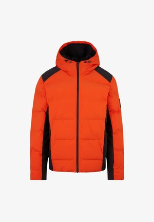 Orange puffer jacket with a black accent on shoulders, zip closure, and a hood. Quilted design provides insulation and a textured appearance.