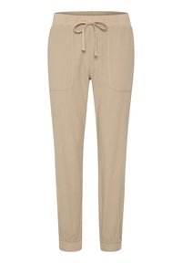 Beige, leichte Hose mit elastischem Bund und verstellbarem Kordelzug. Verfügt über zwei Fronttaschen und schmal zulaufende Beine mit elastischen Bündchen.