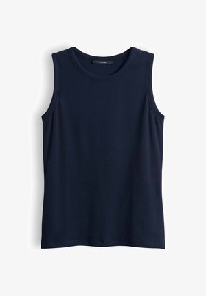 Marineblaues, geripptes, ärmelloses Tanktop mit rundem Ausschnitt, flachem Saum und figurbetontem Schnitt.