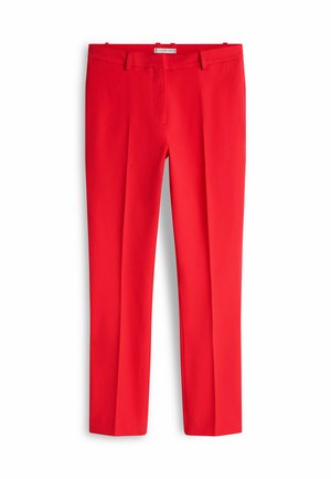 Pantaloni dritti da donna di colore rosso acceso con passanti per cintura e chiusura frontale nascosta, mostrati distesi su uno sfondo bianco.