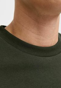 Tamsiai žalias medvilnės megztinis su apykakle, turintis tekstūrinį raukinį, minkštą audinį ir lygų paviršių be jokių matomų raštų ar akcentų.