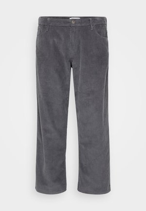 Gray corduroy pants with a straight-leg design, featuring front pockets and subtle ribbed texture. No visible branding or accents.