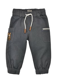 Gray cotton pants with elastic waistband, front pockets, and embroidered tiger detail on left pocket. Drawstring with wood accents.