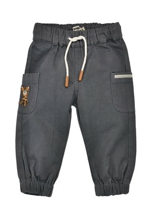 Pantaloni in cotone grigi con vita elastica, tasche anteriori e dettaglio ricamato di una tigre sulla tasca sinistra. Coulisse con dettagli in legno.