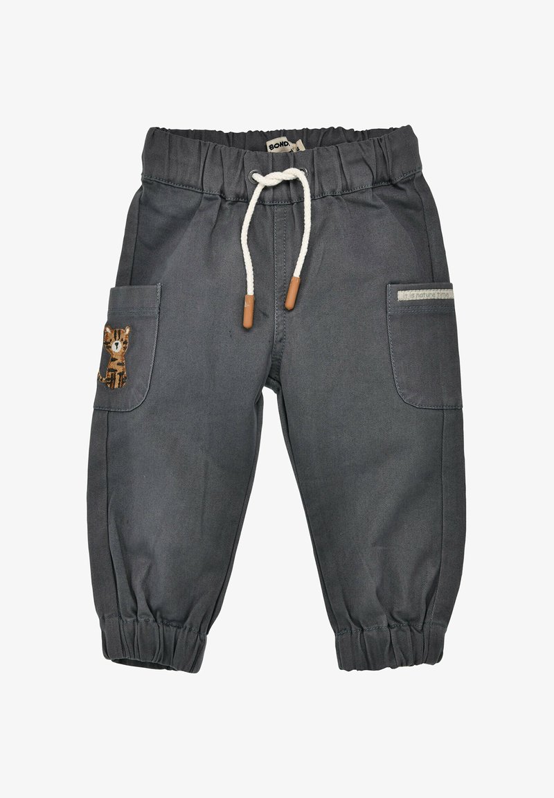Gray cotton pants with elastic waistband, front pockets, and embroidered tiger detail on left pocket. Drawstring with wood accents.