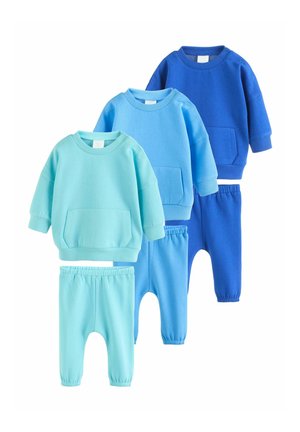 Four sets of children's jogger outfits in varying shades of blue and turquoise. Cotton material with a relaxed fit, featuring pockets and elastic cuffs.