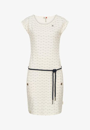 Cream-colored dress with a zigzag pattern, short sleeves, and a navy rope belt. Features two side pockets with button accents.