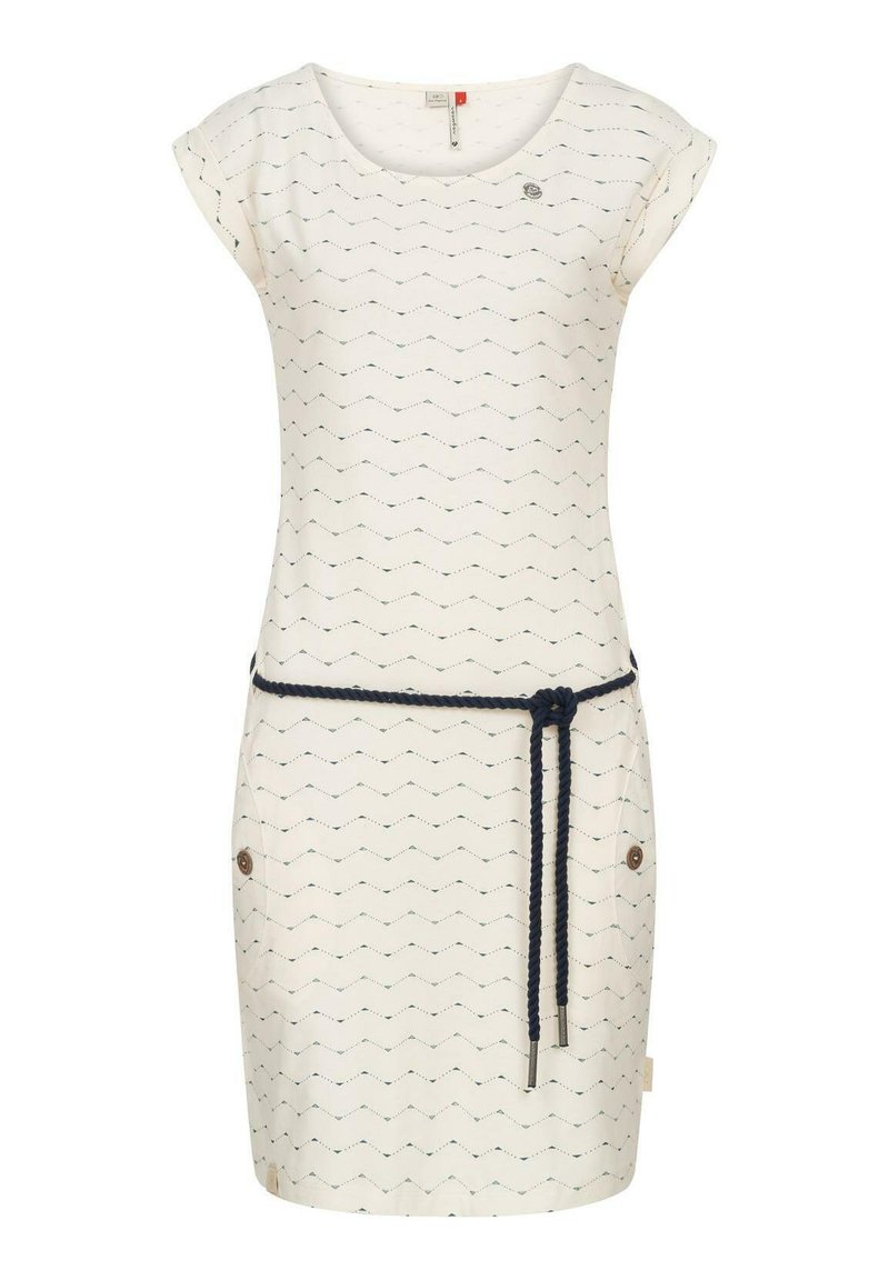 Cremefarbenes Kleid mit Zickzackmuster, kurzen Ärmeln und einem marineblauen Kordelgürtel. Verfügt über zwei Seiten taschen mit Knopfakzenten.
