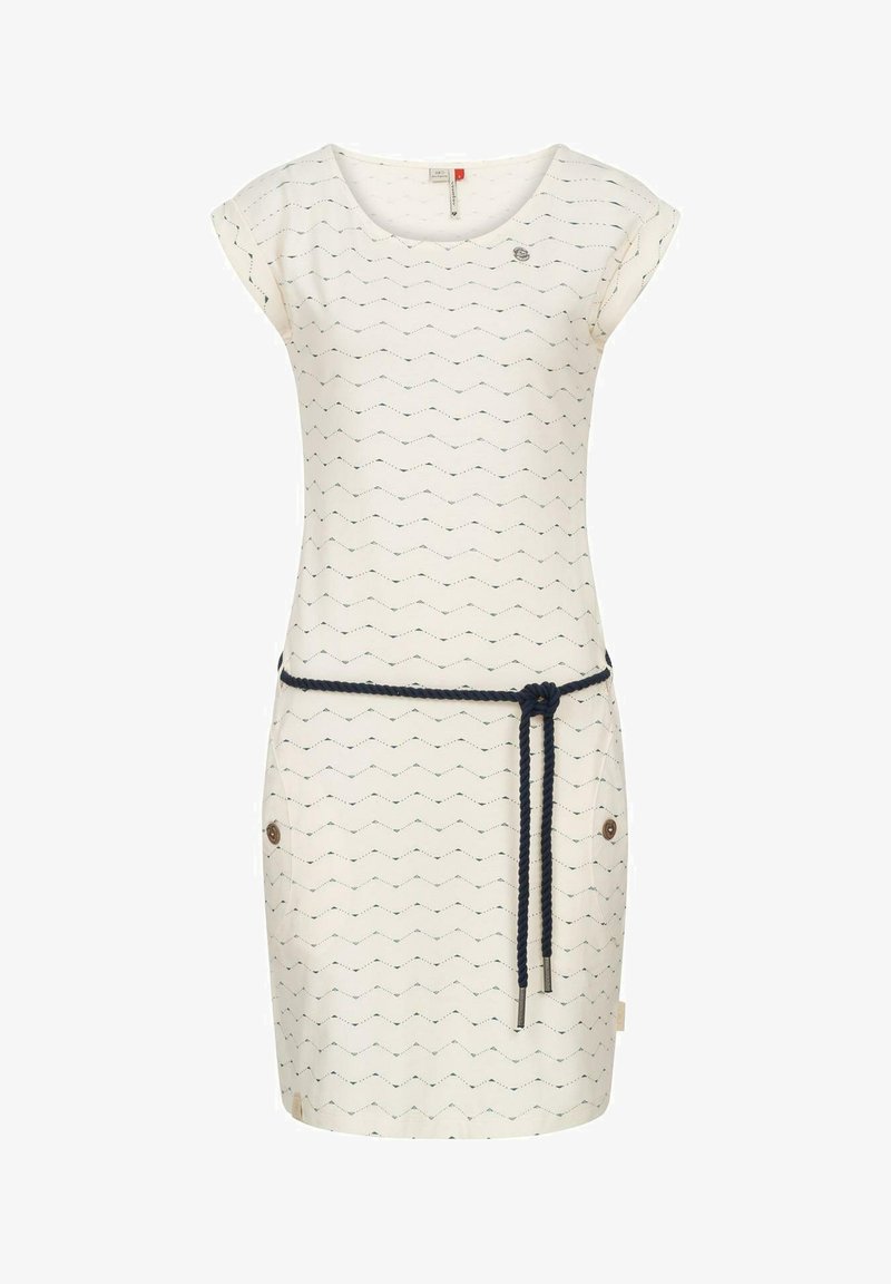 Cremefarbenes Kleid mit Zickzackmuster, kurzen Ärmeln und einem marineblauen Kordelgürtel. Verfügt über zwei Seiten taschen mit Knopfakzenten.