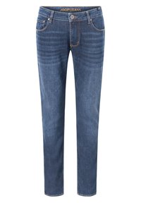 Tamsiai mėlyni džinsai su liesu siluetu, turintys penkias kišenes, diržo kilpos liemenyje ir kontrastingą siuvinėjimą. Joop Jeans logotipas ant juosmens.