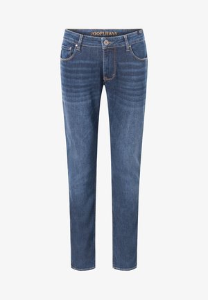 Tamsiai mėlyni džinsai su liesu siluetu, turintys penkias kišenes, diržo kilpos liemenyje ir kontrastingą siuvinėjimą. Joop Jeans logotipas ant juosmens.