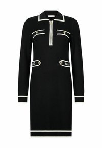 Robe noire à manches longues avec col zippé, accents blancs, deux poches devant et détails en boutons dorés ; poignets et ourlet côtelés.