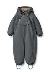 Sivý nepremokavý overal na sneh s kapucňou, elastickými manžetami, predným vreckom a modrými slučkami pri členkoch na upevnenie obuvi. Mäkká vnútorná podšívka.