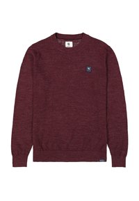 Bordeaux gebreide trui met een ronde hals, ribbels aan de mouwen en onderkant. Bevat een klein, donkerblauw merklabel op de linker borst.