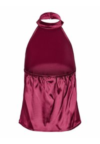 Haut sans manches en satin bordeaux avec col halter, taille froncée et fermeture boutonnée au niveau du cou.