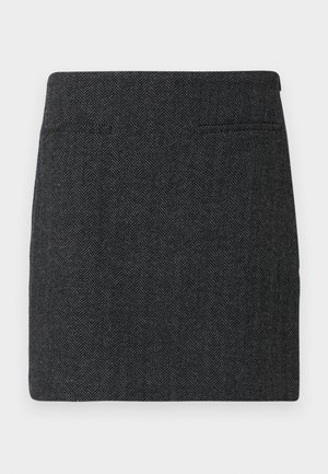 Hahnentrittmuster Minirock aus dunkelgrauem Stoff, mit zwei seitlichen Taschen und einer einfachen, geraden Form ohne Verzierungen.
