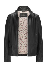 Schwarze Lederjacke mit Stehkragen, zwei Fronttaschen und einem crema-farbenen Innenfutter mit floralem Muster und rosa Akzenten.