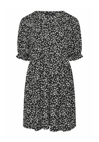Musta mekko, jossa on valkoisia kukkakuvioita, lyhyet hihat röyhelöyksityiskohdalla, V-pääntie ja A-linjainen siluetti. Kevyt kangas.