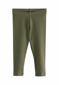 Legging vert olive en tissu côtelé, avec une taille élastique et une coupe ajustée, avec des finitions simples à la cheville.