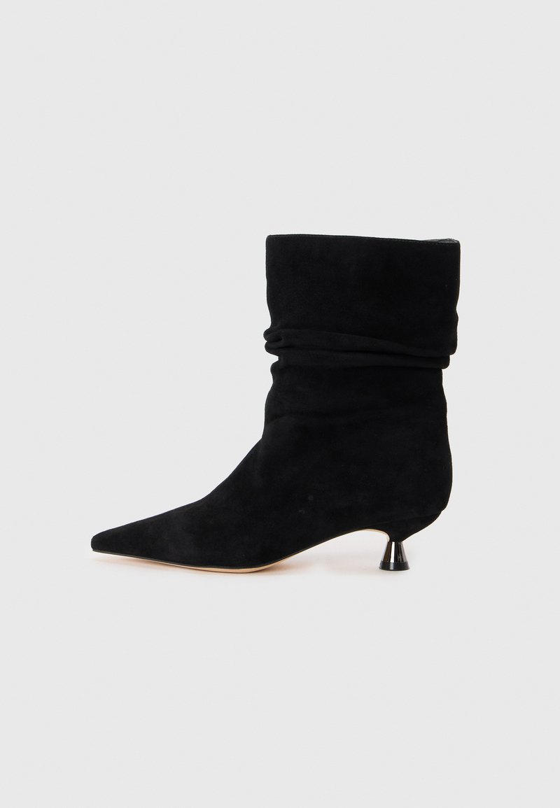 Botine negre din suede, cu un design moale, vârful ascuțit și un toc mic în formă de con. Textură netedă, fără modele sau accente vizibile.