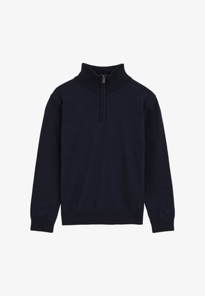 Tmavě modrý pletený pulovr s vysokým límcem a polovičním zipem. Má žebrované manžety a lem, vyrobený z měkké, texturované látky.