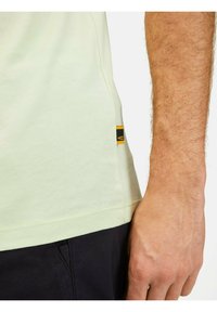 Lys grøn bomulds T-shirt med en sort og gul etiket på siden. Korte ærmer og en afslappet pasform med en glat tekstur.