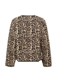 Veste à imprimé léopard sur fond beige, ornée de taches noires et brunes. Coupe ajustée avec un col rond et des manches longues.