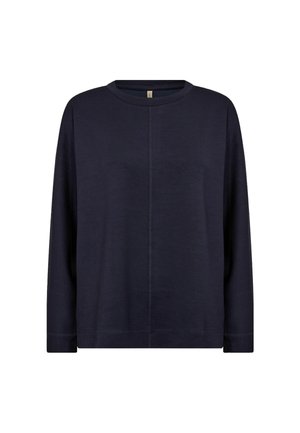 Haut à manches longues bleu marine en tissu doux, avec un col rond, une coupe décontractée et des détails de couture minimalistes aux coutures.
