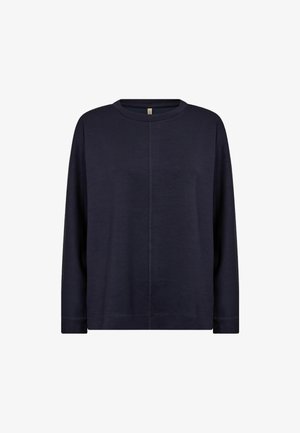 Tamsiai mėlynas ilgomis rankovėmis viršus, pagamintas iš minkštos medžiagos, su apvaliu iškirpimu, laisvu prigludimu ir minimaliais siuvimo akcentais siūlėse.