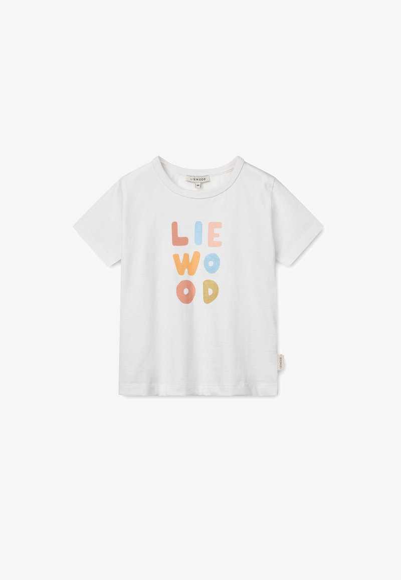 Λευκό κοντομάνικο μπλουζάκι φτιαγμένο από βαμβάκι με πολύχρωμα μπλοκ γράμματα που γράφουν "LIE WOOD" σε ροζ, πορτοκαλί και μπλε. Τιμή στην πλευρά.