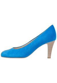 Blue suede high-heeled shoe with a rounded toe and a textured light beige heel. Features a smooth upper and lined interior.
