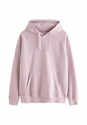 Hellrosa Pullover-Hoodie mit Kängurutasche vorne, Kapuze mit Kordelzug sowie gerippten Bündchen und Saum vor weißem Hintergrund.