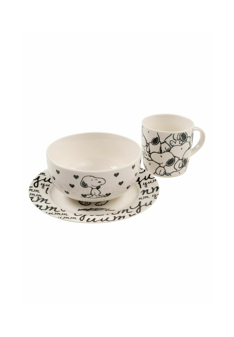 Set di ciotola, tazza e piatto in ceramica; bianco con illustrazioni nere di cani e testo. La ciotola presenta cuori; il piatto ha un motivo di testo ripetuto.