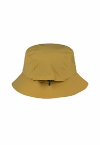 Gorro bucket en color mostaza, hecho de tejido texturizado con un patrón de rejilla. Presenta un ala ancha y un detalle de cremallera en la parte frontal.