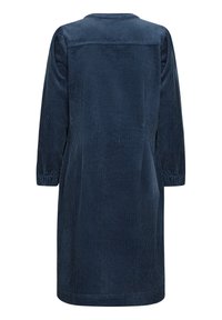 Dunkelblaues Cordkleid mit langen Ärmeln, das eine gerippte Textur, einen Rundhalsausschnitt und elastische Manschetten aufweist. Einfaches, gerade geschnittenes Design.